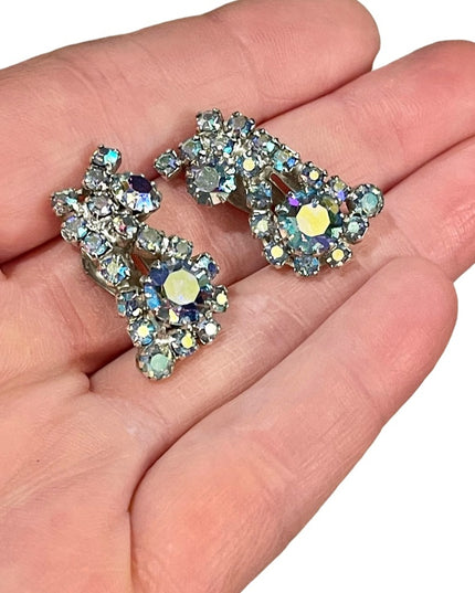 Vintage 1960s Blue AB Crystal clip on earrings