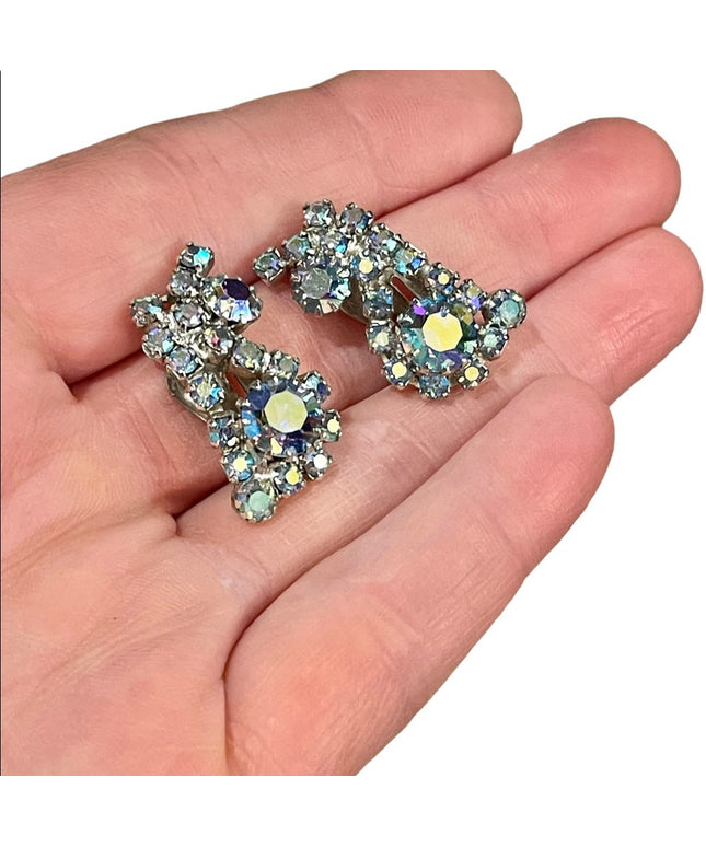 Vintage 1960s Blue AB Crystal clip on earrings