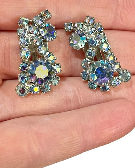 Vintage 1960s Blue AB Crystal clip on earrings