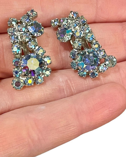 Vintage 1960s Blue AB Crystal clip on earrings