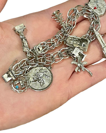 Vintage 1960s Sterling silver charm bracelet 10 charms
