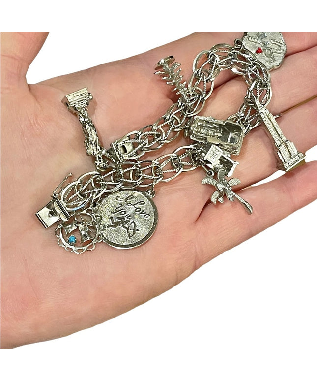 Vintage 1960s Sterling silver charm bracelet 10 charms