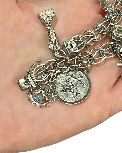 Vintage 1960s Sterling silver charm bracelet 10 charms