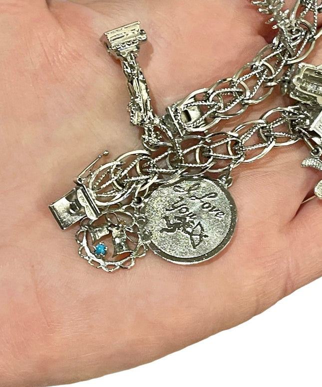 Vintage 1960s Sterling silver charm bracelet 10 charms