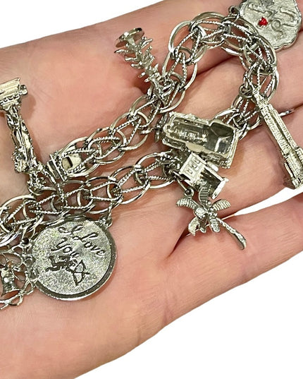 Vintage 1960s Sterling silver charm bracelet 10 charms