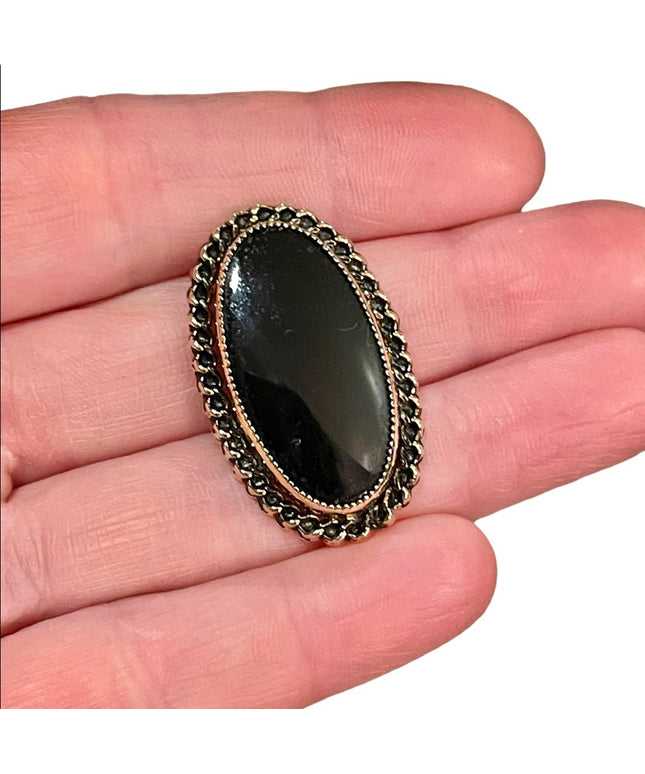 Caramore vintage black onyx 12k Gold filled fancy ornate brooch
