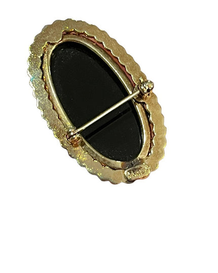 Caramore vintage black onyx 12k Gold filled fancy ornate brooch