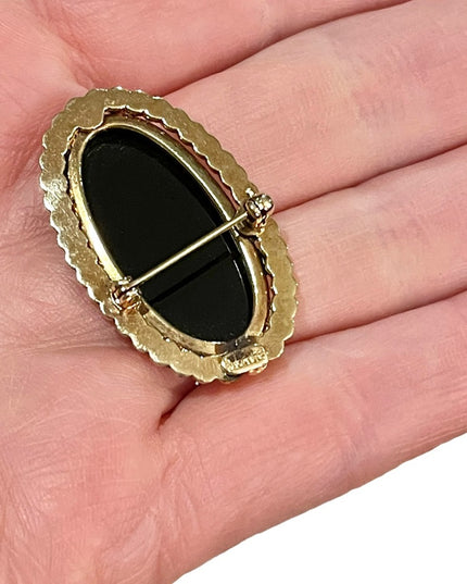 Caramore vintage black onyx 12k Gold filled fancy ornate brooch