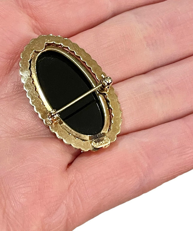 Caramore vintage black onyx 12k Gold filled fancy ornate brooch