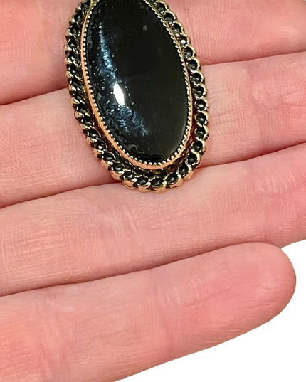 Caramore vintage black onyx 12k Gold filled fancy ornate brooch