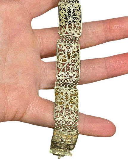Vintage Silver filagree flower ornate link bracelet