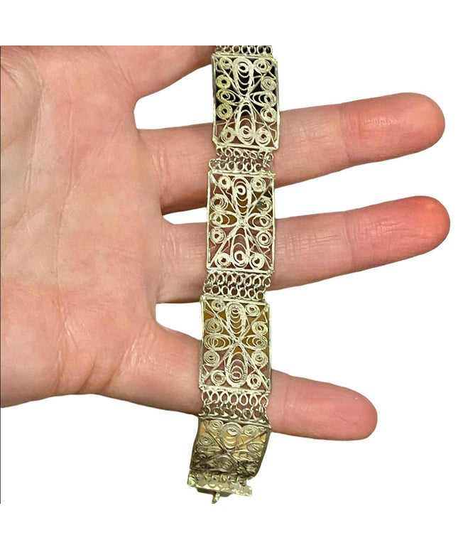 Vintage Silver filagree flower ornate link bracelet