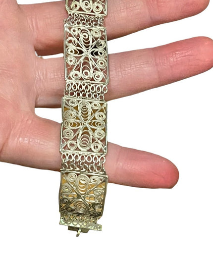 Vintage Silver filagree flower ornate link bracelet