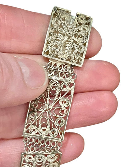 Vintage Silver filagree flower ornate link bracelet