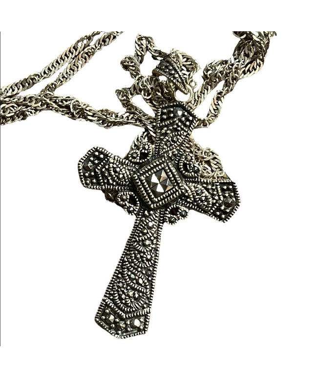 Vintage Sterling silver 925  Marcasite fancy cross necklace