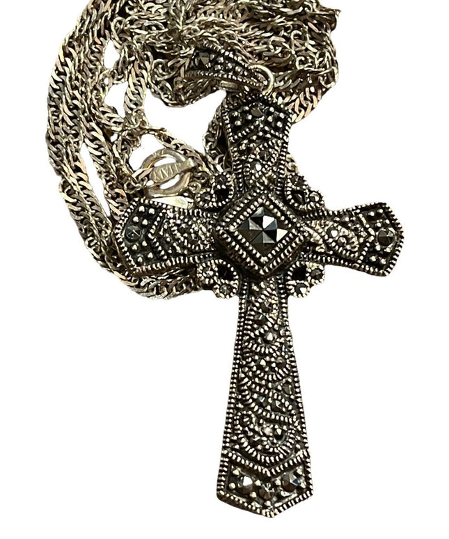 Vintage Sterling silver 925  Marcasite fancy cross necklace