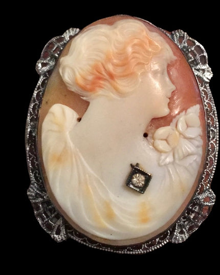 Antique Sterling silver 925 ornate Large Shell Cameo Brooch