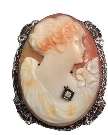 Antique Sterling silver 925 ornate Large Shell Cameo Brooch