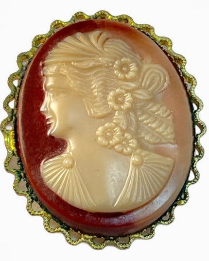 Antique oranate gold finish Celluloid cameo brooch