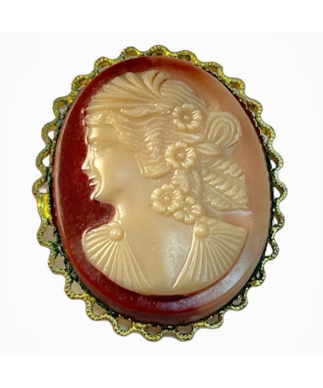 Antique oranate gold finish Celluloid cameo brooch