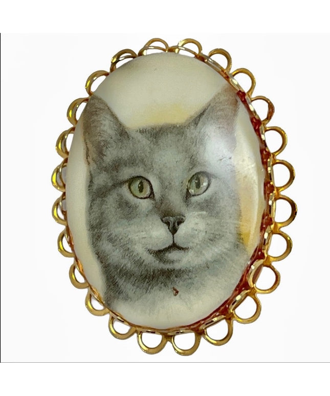Vintage ceramic kitty cat cameo brooch
