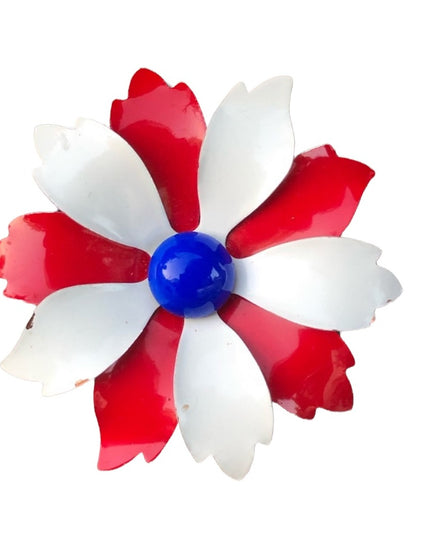 Vintage 1960s Flower brooch Red white blue nautical