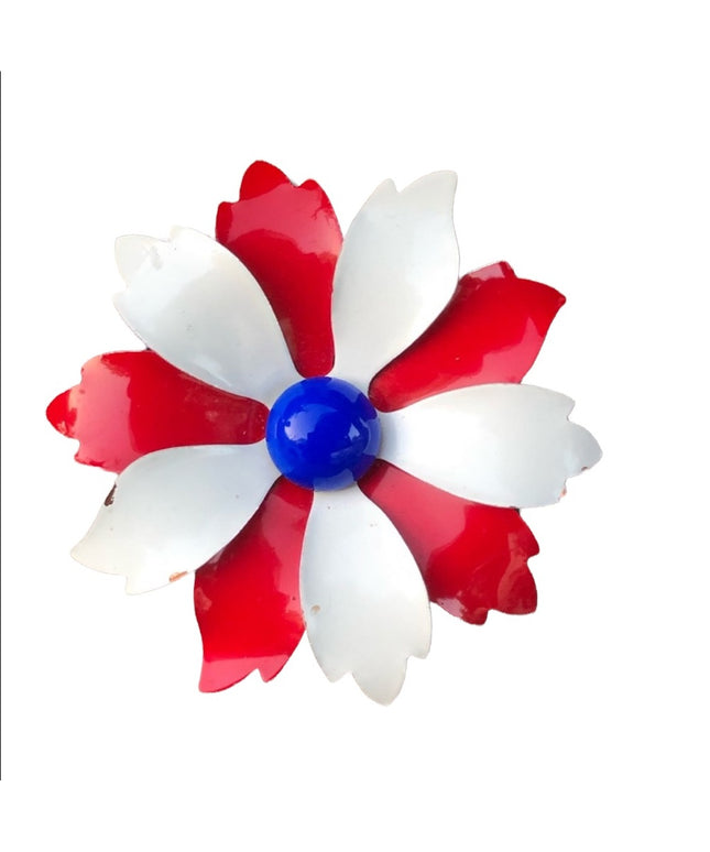 Vintage 1960s Flower brooch Red white blue nautical