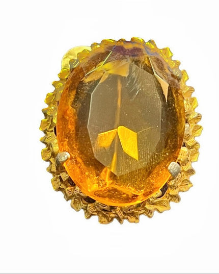 Vintage gold finish large amber crystal glass chunky brooch