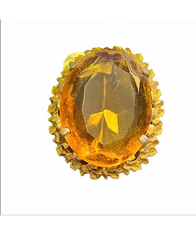 Vintage gold finish large amber crystal glass chunky brooch