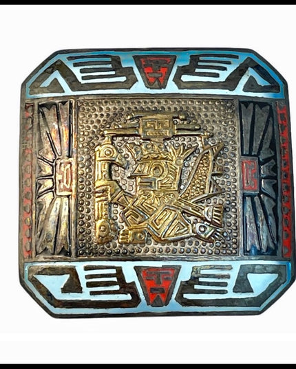 Vintage sterling silver 925 peru Rml Enamel brooch  Mayan Aztec