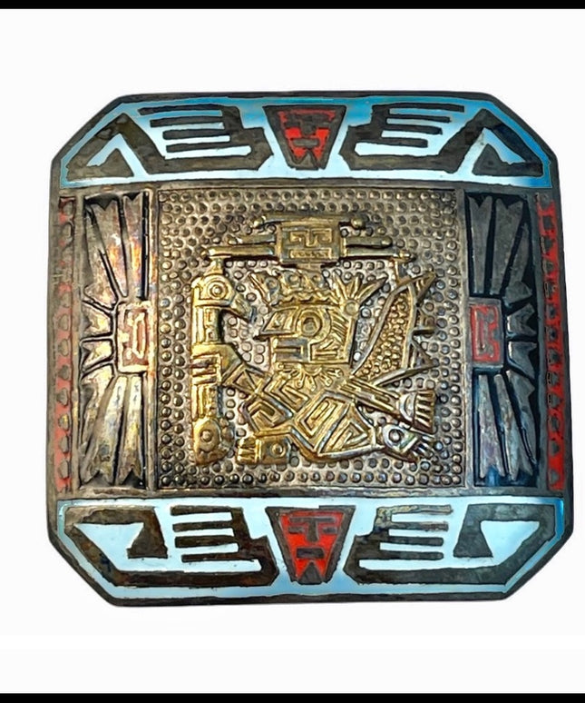 Vintage sterling silver 925 peru Rml Enamel brooch  Mayan Aztec