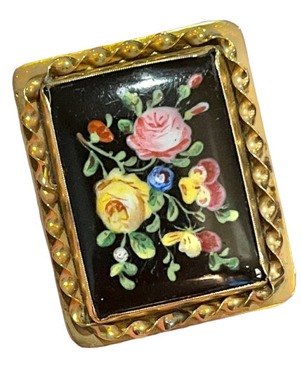 Antique Victorian Handpainted flower cameo ornate Black onyx 10k gold brooch