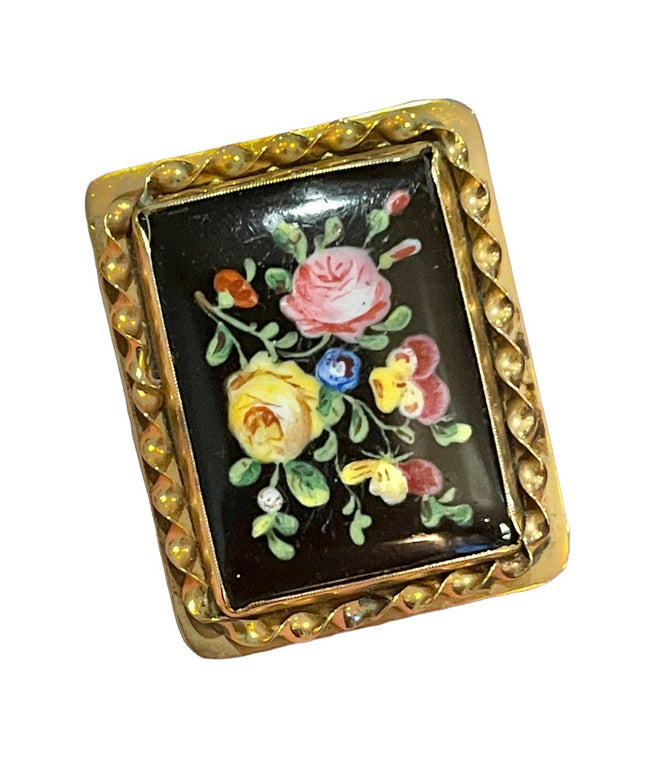 Antique Victorian Handpainted flower cameo ornate Black onyx 10k gold brooch