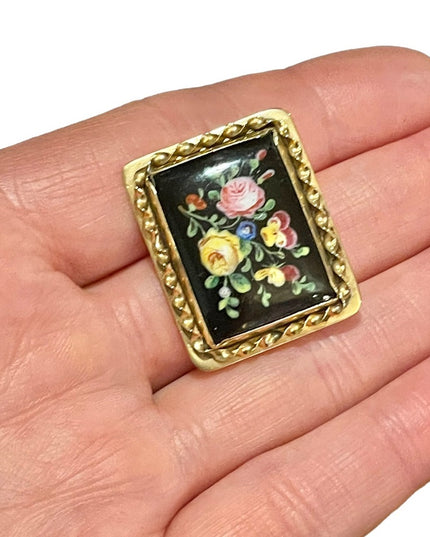 Antique Victorian Handpainted flower cameo ornate Black onyx 10k gold brooch