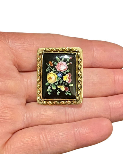 Antique Victorian Handpainted flower cameo ornate Black onyx 10k gold brooch