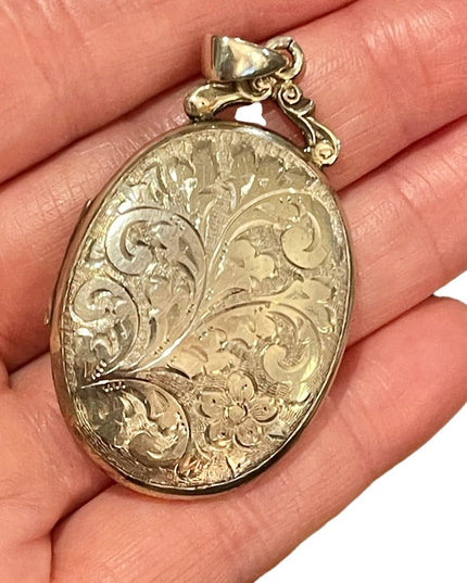 Antique Victorian English Etched Victorian Locket Sterling silver 925 LARGE