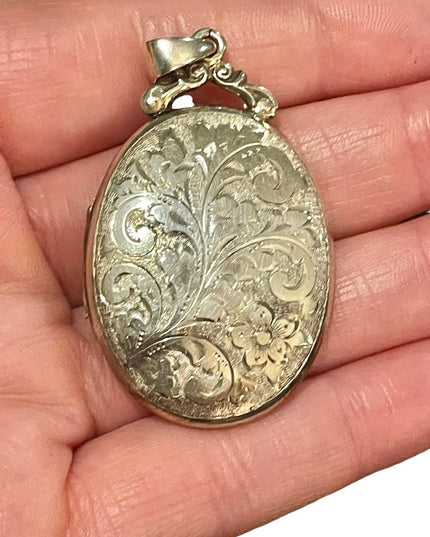 Antique Victorian English Etched Victorian Locket Sterling silver 925 LARGE