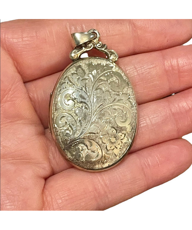 Antique Victorian English Etched Victorian Locket Sterling silver 925 LARGE