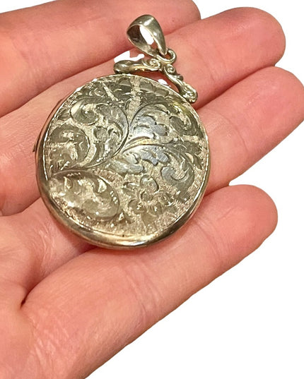 Antique Victorian English Etched Victorian Locket Sterling silver 925 LARGE