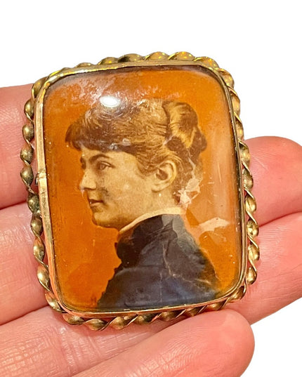 Antique rose gold Cameo brooch painted lady Victorian portrait