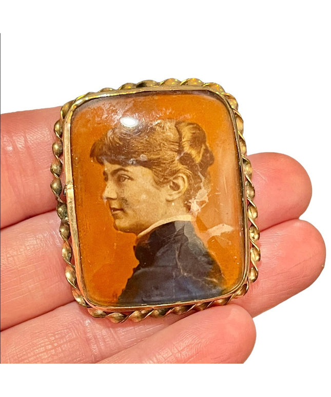 Antique rose gold Cameo brooch painted lady Victorian portrait
