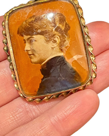 Antique rose gold Cameo brooch painted lady Victorian portrait