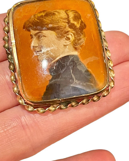 Antique rose gold Cameo brooch painted lady Victorian portrait