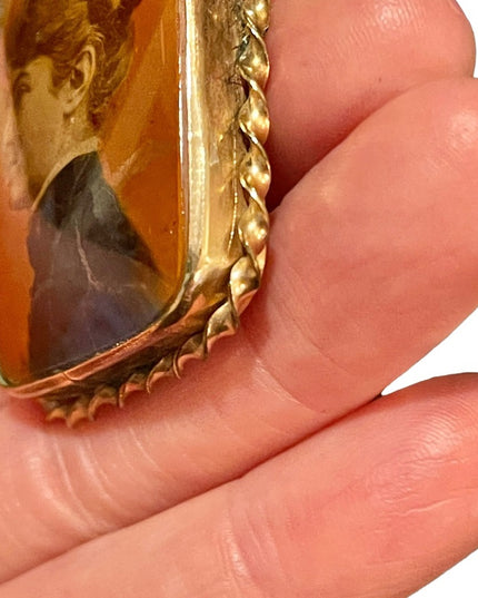 Antique rose gold Cameo brooch painted lady Victorian portrait