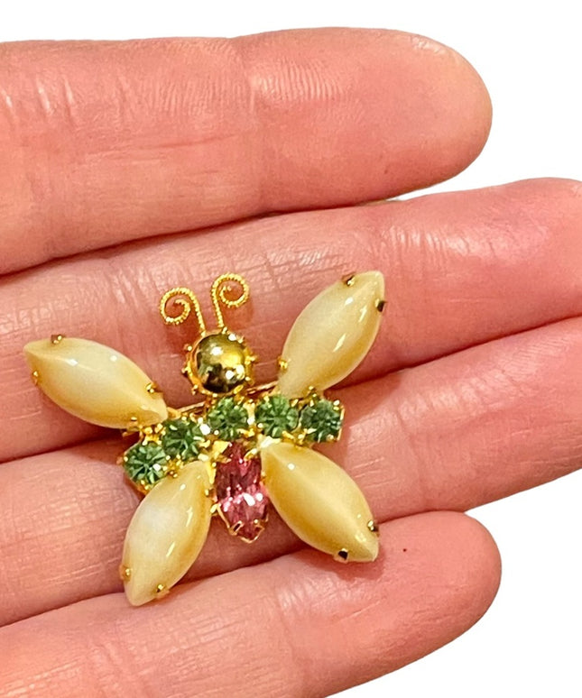 Vintage fancy colorful butterfly crystal glass brooch gold finish