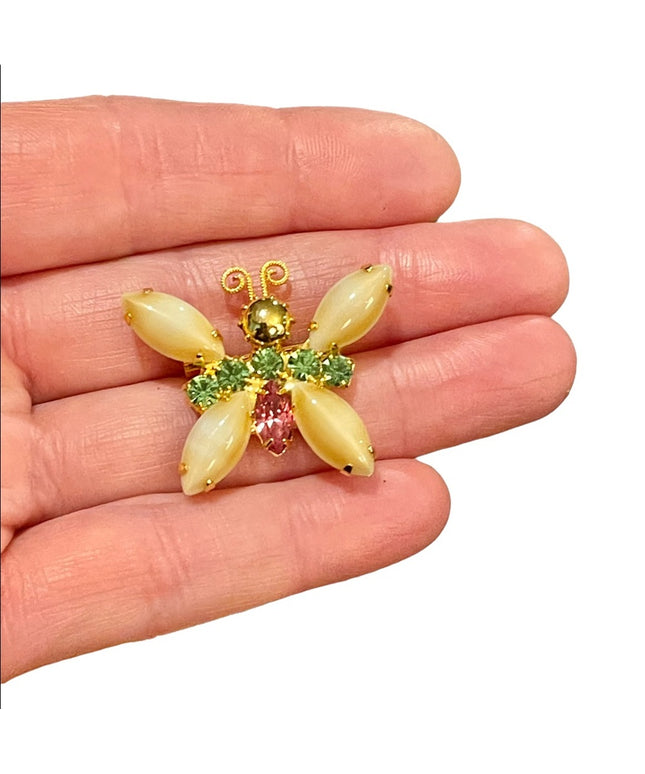Vintage fancy colorful butterfly crystal glass brooch gold finish