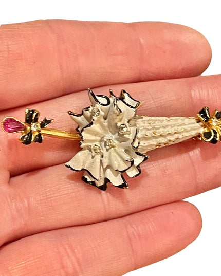 Vintage Fair lady fancy umbrella crystal enamel brooch