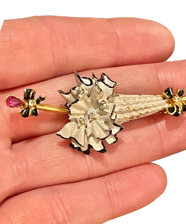 Vintage Fair lady fancy umbrella crystal enamel brooch