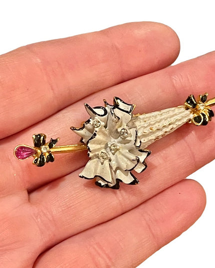 Vintage Fair lady fancy umbrella crystal enamel brooch