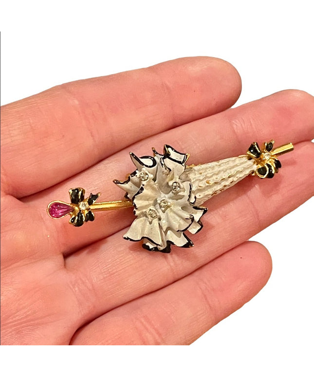 Vintage Fair lady fancy umbrella crystal enamel brooch
